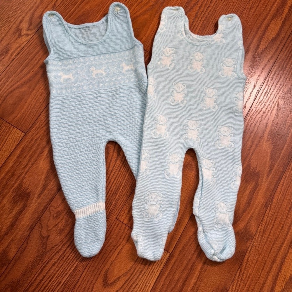 Vintage Baby Knit Footed Overalls Set 6-9 Months Blue Rocking Horse Teddy Bear